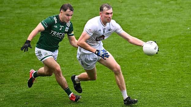 Ryan Sinkey, Kildare, and Luke Flanagan, Fermanagh, in Tailteann Cup action at Croke Park. Photo by Piaras Ó Mídheach/Sportsfile