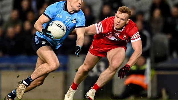 Niall O'Callaghan, Dublin, and Martin Bradley, Derry, in Allianz Football League action. Photo by Piaras Ó Mídheach/Sportsfile
