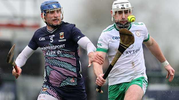 Owen Shiel, London, and Eoghan Collins, Mayo, in Allianz Hurling League action. Photo by Thomas Flinkow/Sportsfile