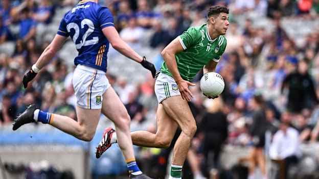 Emmett Rigter, Limerick, and Craig Maguire, Wicklow, in Tailteann Cup Semi-Final action at Croke Park. Photo by Piaras Ó Mídheach/Sportsfile
