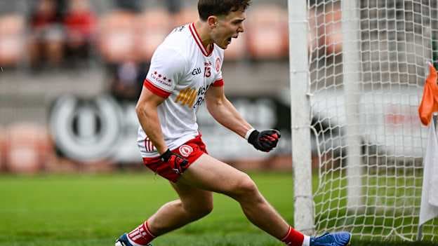Tyrone's Noah Grimes celebrates at BOX-IT Athletic Grounds. Photo by Seb Daly/Sportsfile