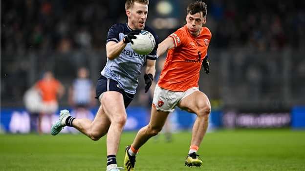 Seán Bugler, Dublin, and Tomás McCormack, Armagh, in Allianz Football League action. Photo by Ben McShane/Sportsfile