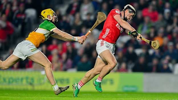 Barry Walsh, Cork, and Daniel Bourke, Offaly, in Allianz Hurling League action. Photo by Tyler Miller/Sportsfile