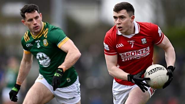 Luke Fahy, Cork, and Donal Keogan, Meath, in Allianz Football League action. Photo by Seb Daly/Sportsfile