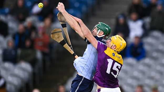 Chris Crummey, Dublin, and Tomás Kinsella, Wexford, in Allianz Hurling League action. Photo by Stephen McCarthy/Sportsfile