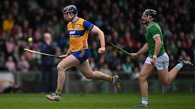 David Fitzgerald, Clare, and Ethan Hurley, Limerick, in Allianz Hurling League action. Photo by Brendan Moran/Sportsfile