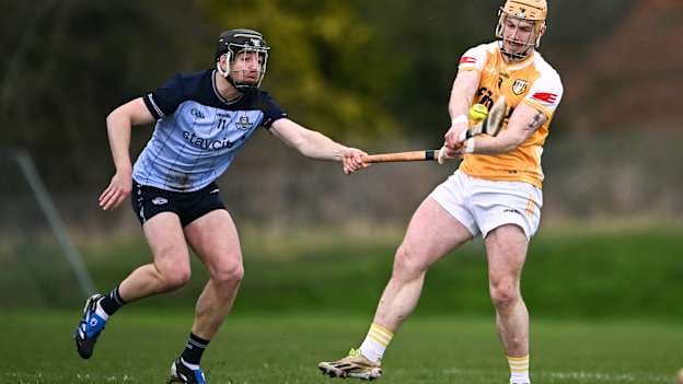 Ryan McCambridge, Antrim, and Dónal Burke, Dublin, in Allianz Hurling League action. Photo by Ben McShane/Sportsfile