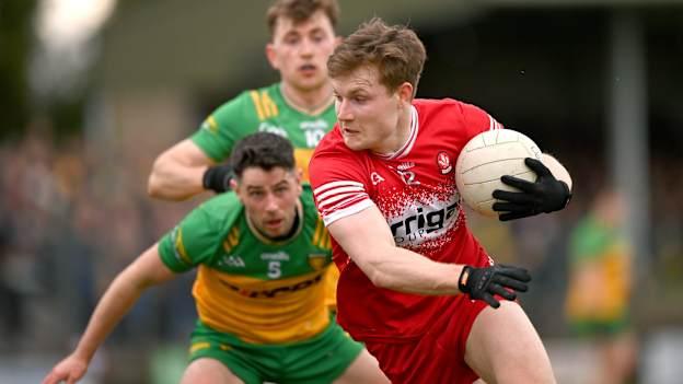 Ethan Doherty, Derry, and Ryan McHugh, Donegal, in Allianz Football League action.  Photo by Ramsey Cardy/Sportsfile