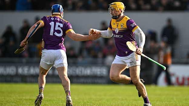 Séamus Casey of Wexford, left, celebrates with teammate Damien Reck after scoring their side's fist goal during the Allianz Hurling League Division 1A match between Clare and Wexford at Cusack Park in Ennis, Clare. Photo by Brendan Moran/Sportsfile.