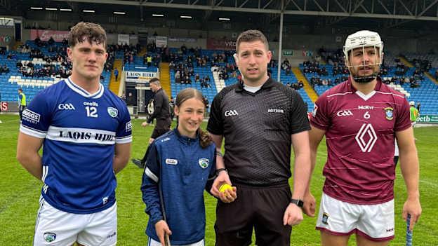 Laois captain David Dooley and Westmeath captain Robbie Greville with referee Brian Keon before their Joe McDonagh Cup Round 1 clash. 