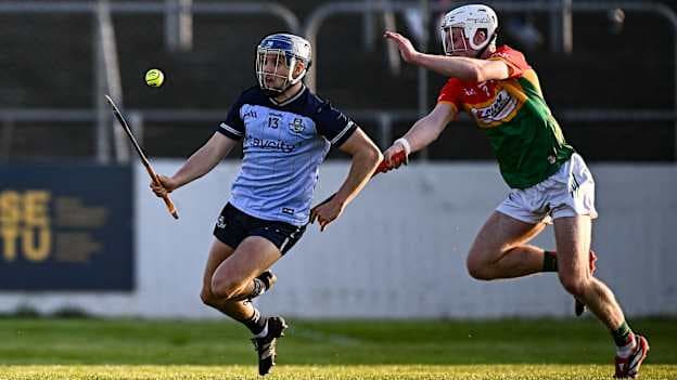Dara Purcell, Dublin, and Conaill Fitzpatrick, Carlow, in Allianz Hurling League action. Photo by Seb Daly/Sportsfile