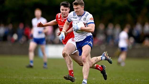 Conor McCarthy, Monaghan, and Liam Jackson, Louth, in Allianz Football League action. Photo by Ben McShane/Sportsfile