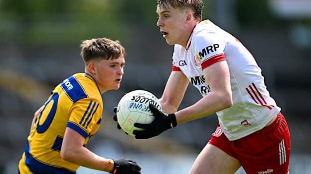 Eoin Long, Tyrone, and Christopher Feerick, Roscommon, in Electric Ireland MFC action. Photo by Seb Daly/Sportsfile