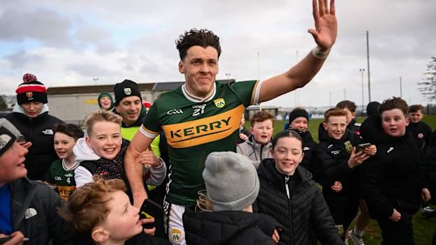 David Clifford of Kerry celebrates after the Allianz Football League Division 1 match between Tyrone and Kerry at Pomeroy Plunkett's GAA Club in Pomeroy, Tyrone. Photo by Ramsey Cardy/Sportsfile.