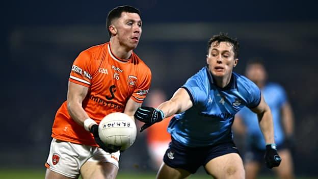 Oisín Conaty, Armagh, and Conor Tyrrell, Dublin, in Allianz Football League One action. Photo by Ben McShane/Sportsfile