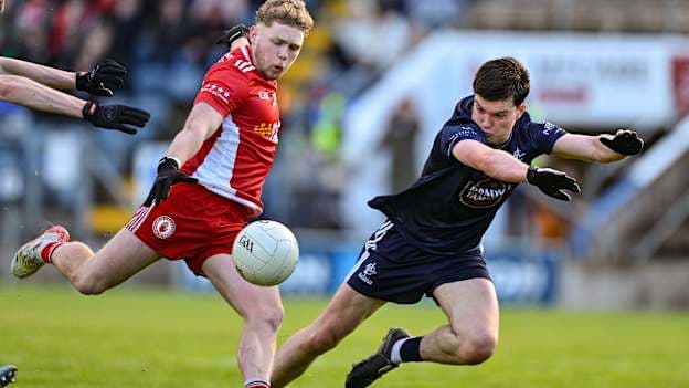 Shea McDermott scoring a goal for Tyrone against Kildare. Photo by Mark Kavanagh/Sportsfile