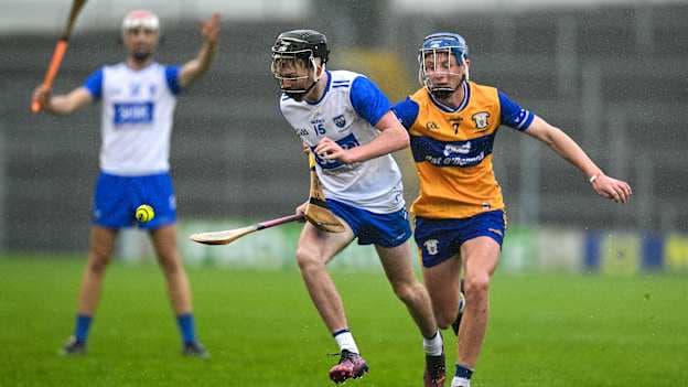 Jamie Shanahan, Waterford, and Colm Daly, Clare, in Electric Ireland MHC Final action. Photo by Brendan Moran/Sportsfile
