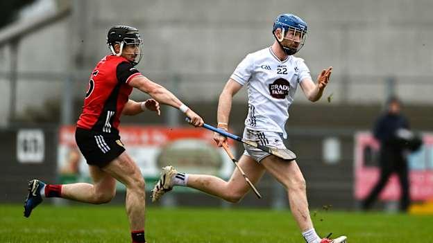 Jack Higgins, Kildare, and Caolan Taggart, Down, in Allianz Hurling League action. Photo by Daire Brennan/Sportsfile