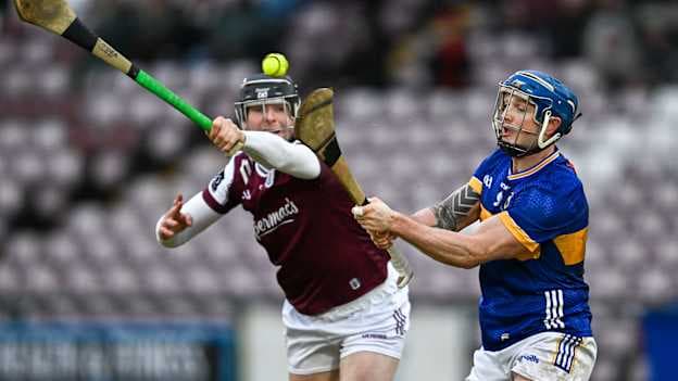 Willie Connors, Tipperary, and Kevin Cooney, Galway, in Allianz Hurling League action at Pearse Stadium. Photo by Sam Barnes/Sportsfile