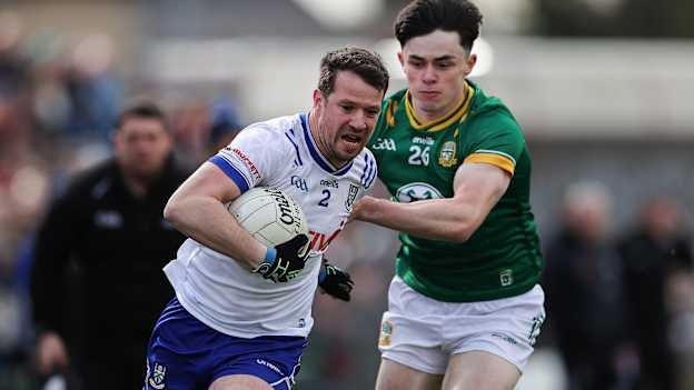 Ryan Wylie, Monaghan, and Eoin Harkin, Meath, in Allianz Football League action. Photo by Thomas Flinkow/Sportsfile