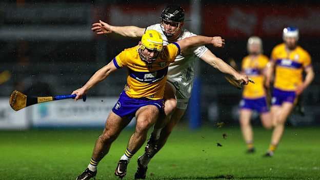 Mark Rodgers, Clare, and Rian Boran, Kildare, in Allianz Hurling League action. Photo by Thomas Flinkow/Sportsfile