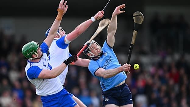 Cian O'Sullivan, Dublin, and Michael Kiely and Conor Prunty, Waterford, in Allianz Hurling League action. Photo by Seb Daly/Sportsfile