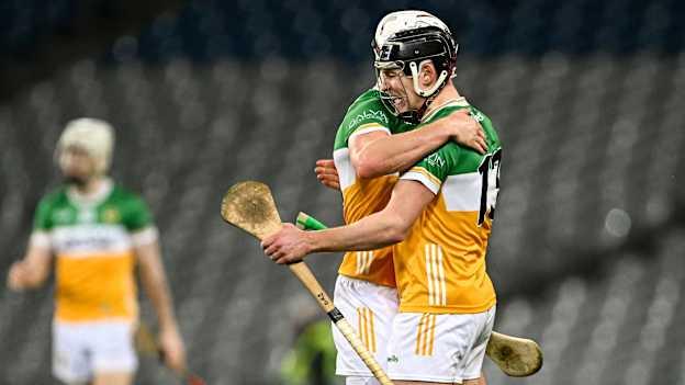 Offaly's Dan Ravenhill and Oisín Kelly celebrate at Croke Park. Photo by Piaras Ó Mídheach/Sportsfile