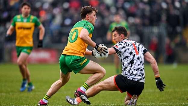 Shane O'Donnell, Donegal, and Ethan Rafferty, Armagh, in Allianz Football League Division One action.  Photo by Ramsey Cardy/Sportsfile