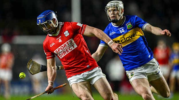 Seán O'Donoghue, Cork, and Oisín O'Donoghue, Tipperary, in Allianz Hurling League action. Photo by Ray McManus/Sportsfile